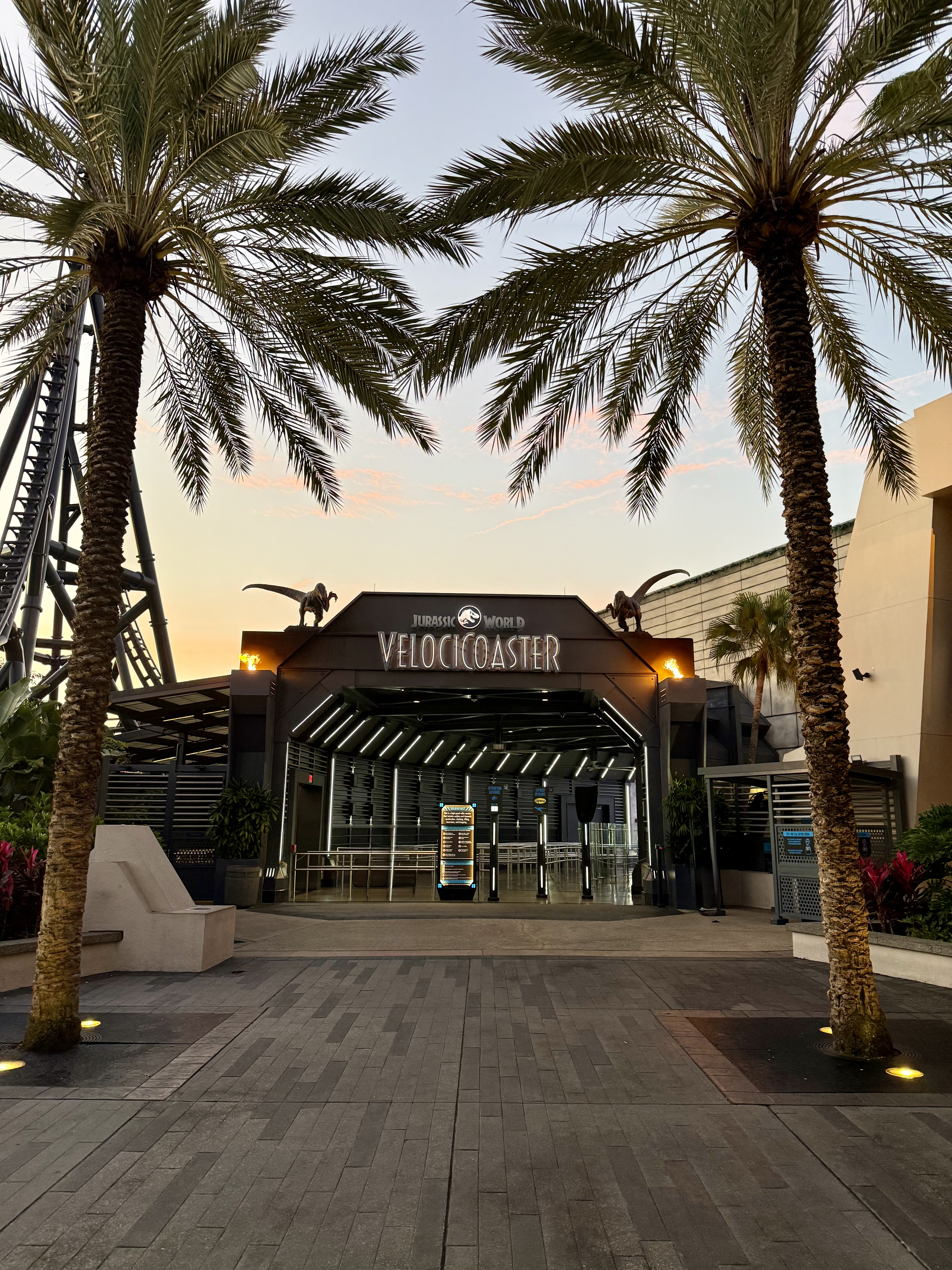 Universal VelociCoaster track at night.