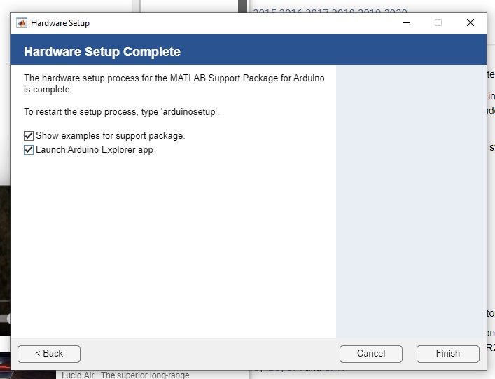 MATLAB Arduino hardware support setup completion window.