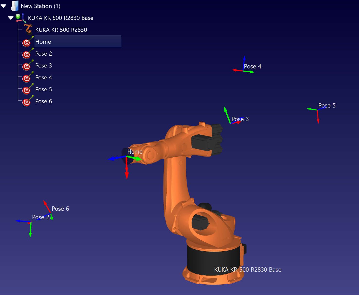 RoboDK station showing home and additional target poses.